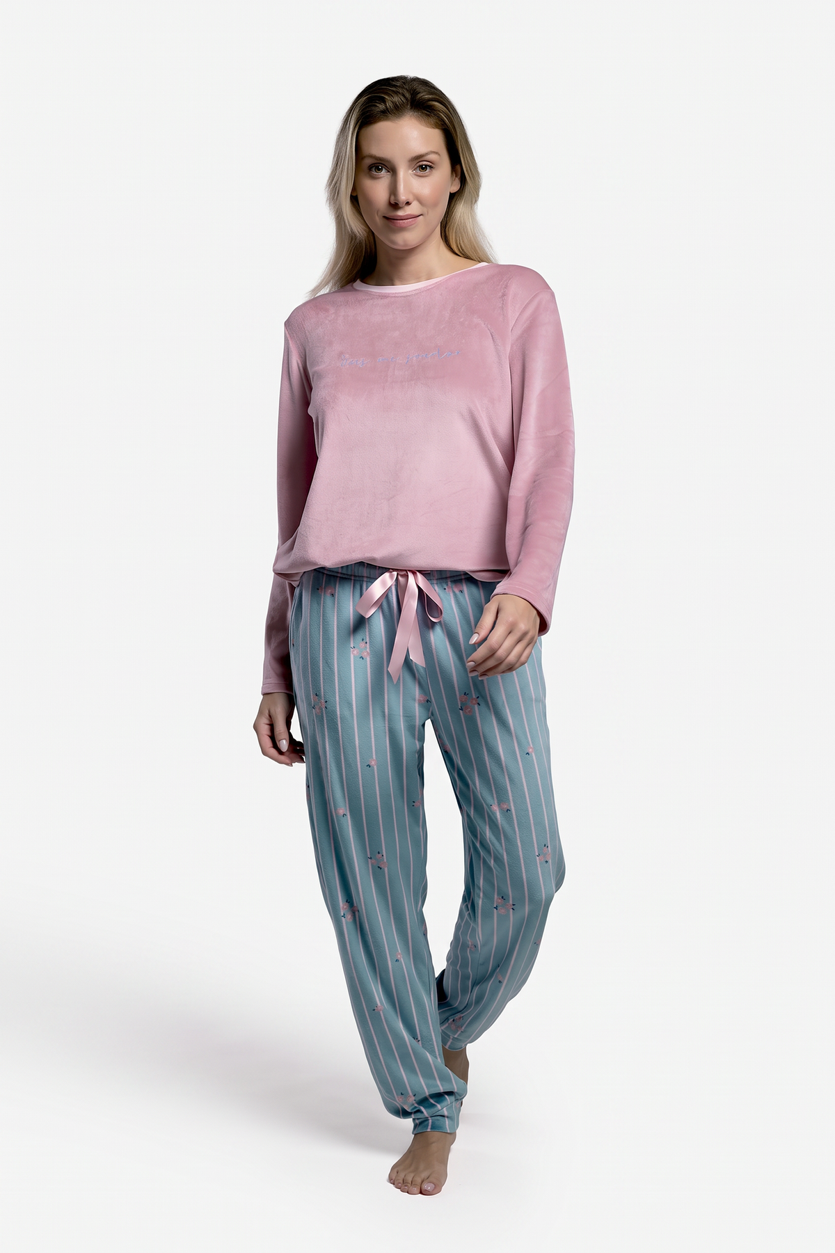 Pigiama lungo de terciopelo donna maglia rosa y pantaloni stampa