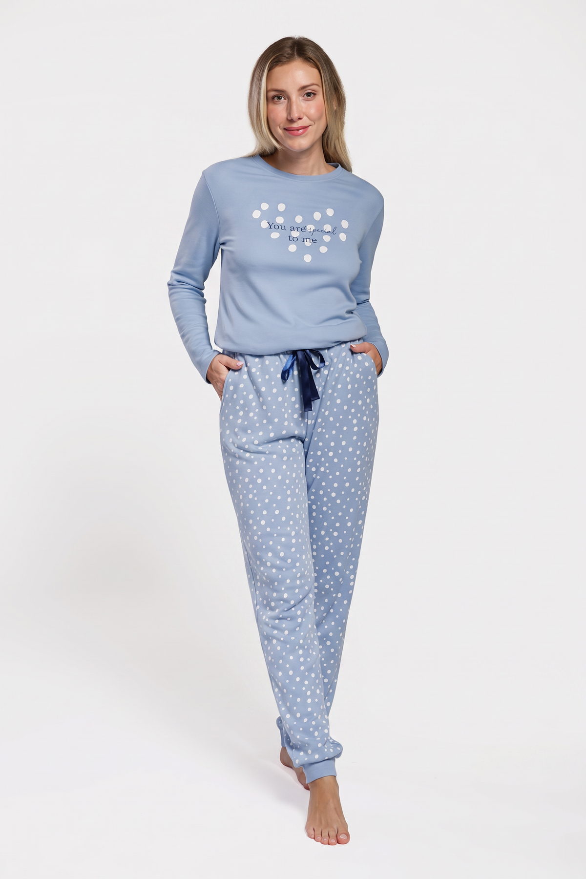 Pigiama lungo afelpado donna stampa dots blu
