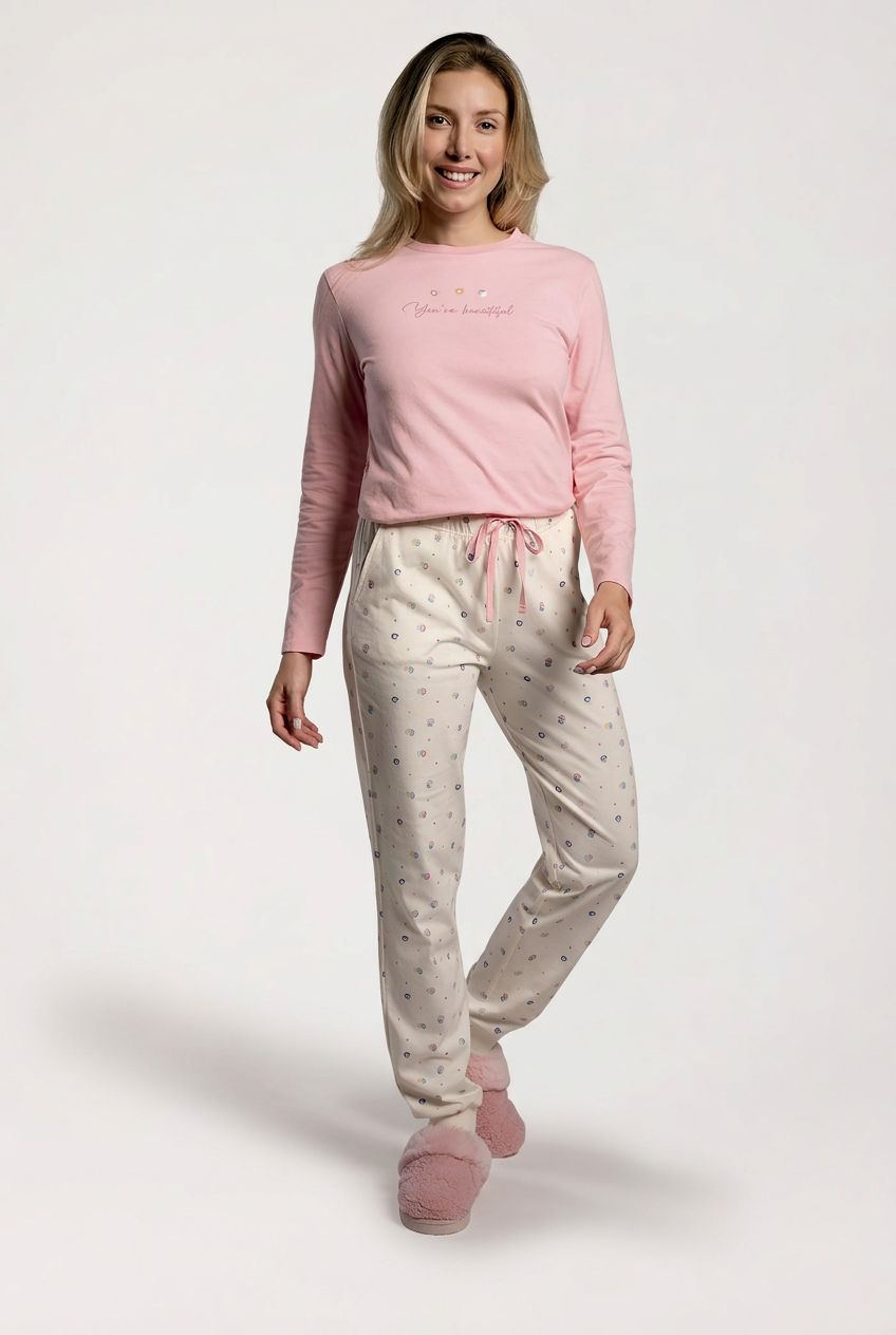 Pijama largo algodón donna rosa y blanco