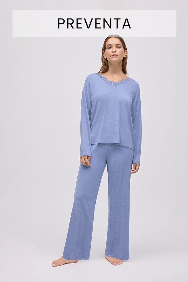 PREVENDITA Pigiama lungo in modal extra morbido con pantaloni blu a gamba larga