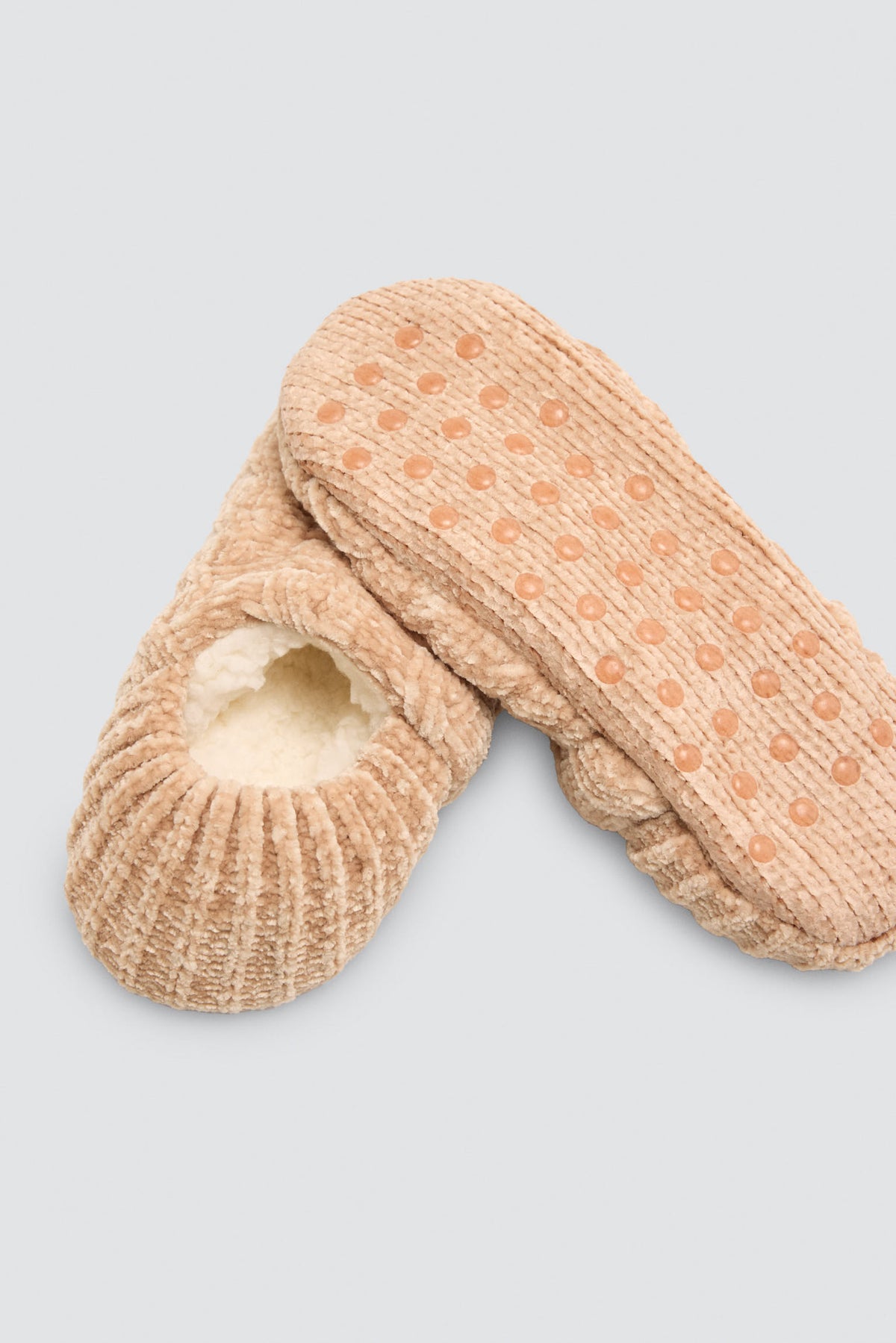 Calzini-pantofola da donna vellutati antiscivolo con interno sherpa beige