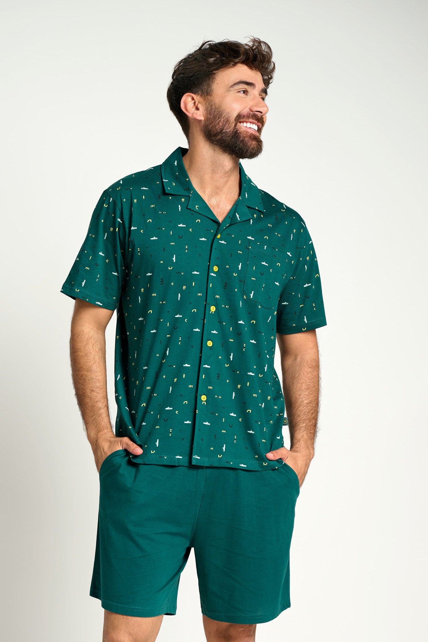 Pigiama corto da uomo in cotone stile camicia, colore verde | MUYDEMI