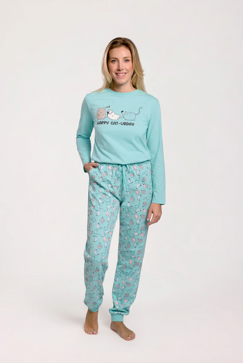 Pigiama lungo cotone donna stampa gatos blu