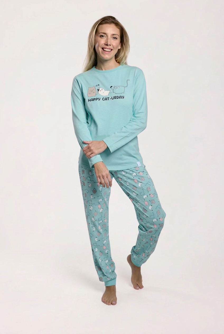 Pigiama lungo cotone donna stampa gatos blu