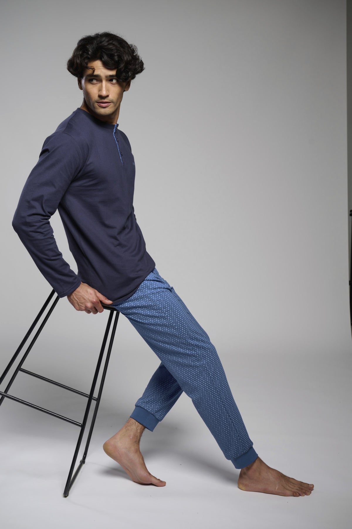 Pigiama lungo camisero uomo cotone cuello panadero stampa