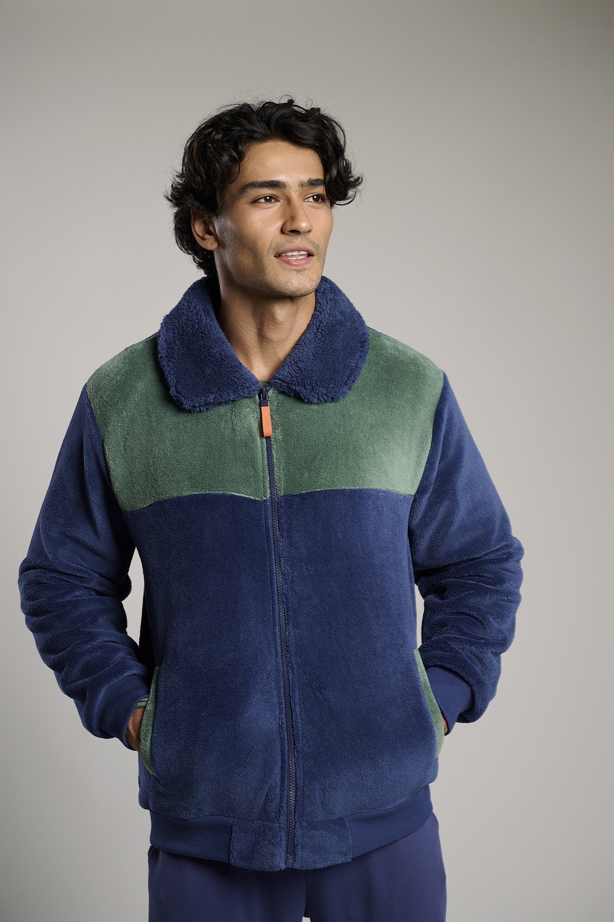 Bata corta polar borreguito y coralina uomo cierre cremallera bicolor