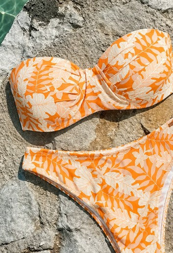 Reggiseno bikini a fascia con foglie in micropiqué giallo, coppa B