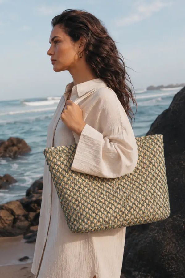 Borsa da spiaggia in rafia beige e verde