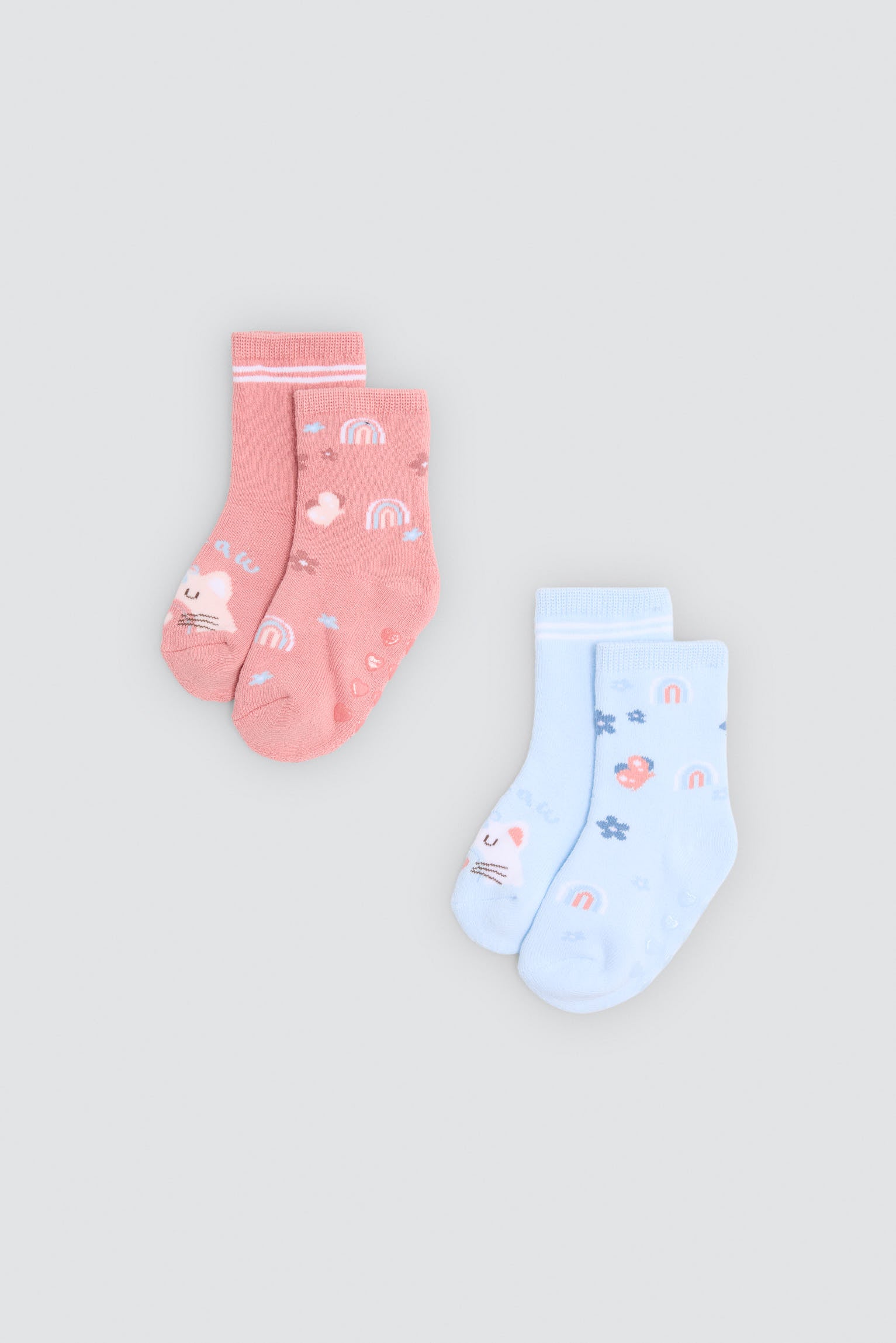 Pack 2 calzini neonato termici antideslizantes estampados gatos y arcoiris