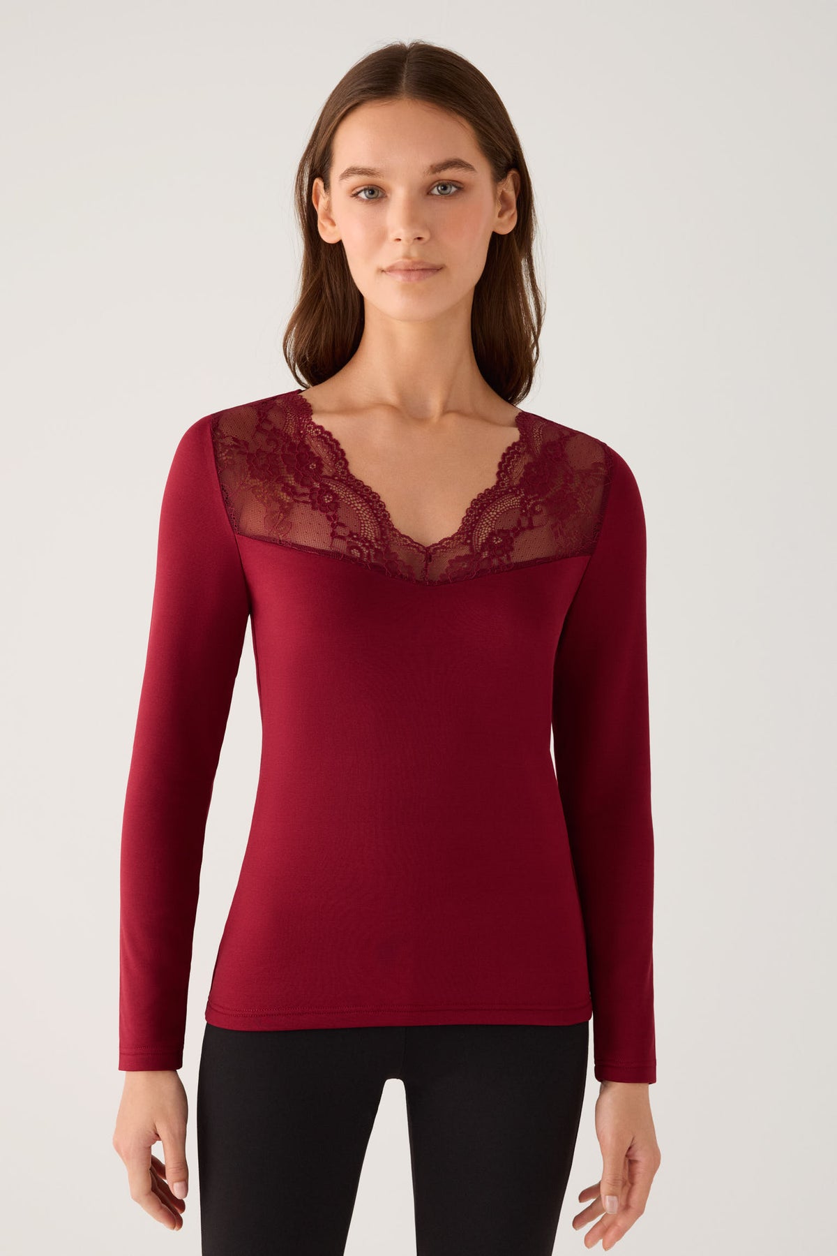 T-shirt termica da donna a maniche lunghe con scollo a V e pizzo bordeaux