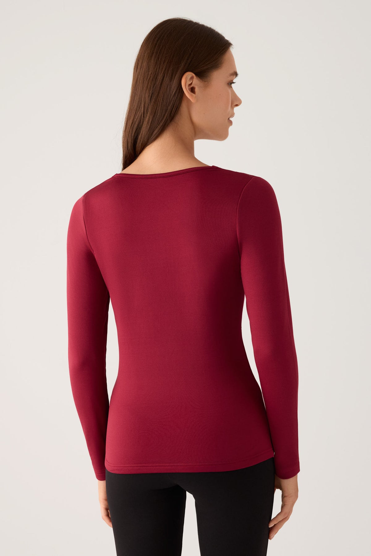 T-shirt termica da donna a maniche lunghe con scollo a V e pizzo bordeaux