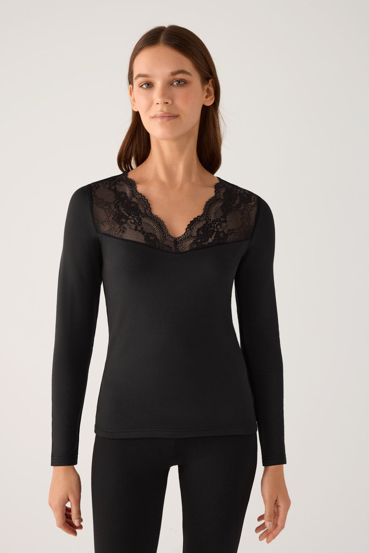 T-shirt termica da donna a maniche lunghe con scollo a V e pizzo nero
