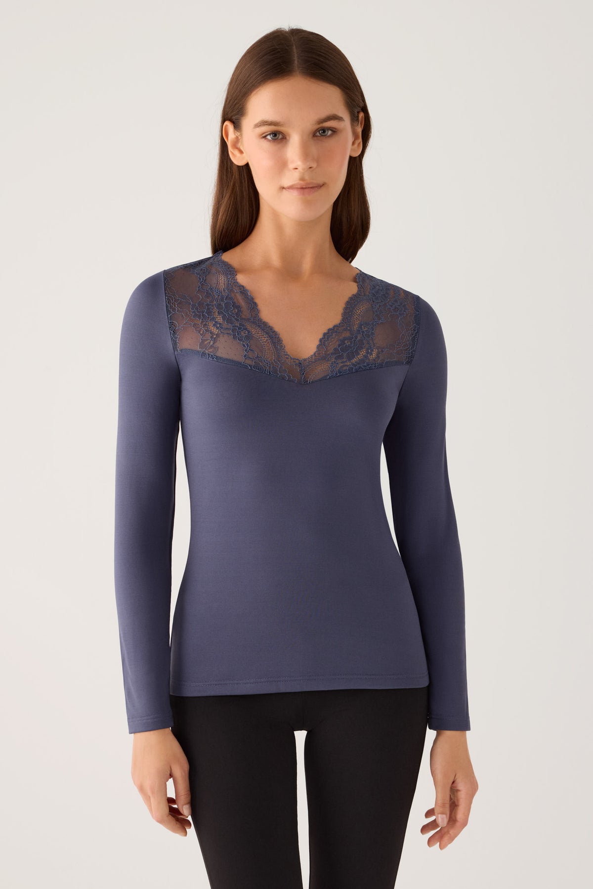 T-shirt termica da donna a maniche lunghe con scollo a V e pizzo blu navy