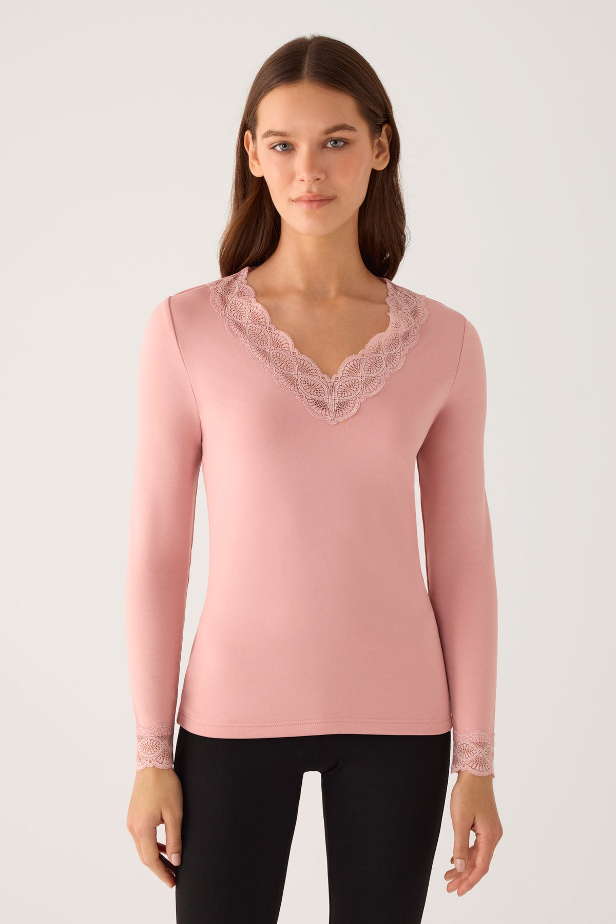 T-shirt termica da donna a maniche lunghe con dettagli in pizzo su scollo e polsini, rosa