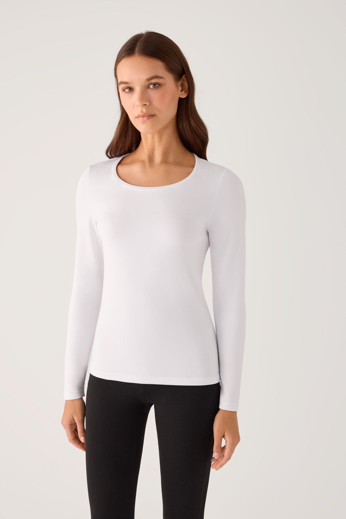 T-shirt termica da donna a maniche lunghe con scollo rotondo, colore bianco