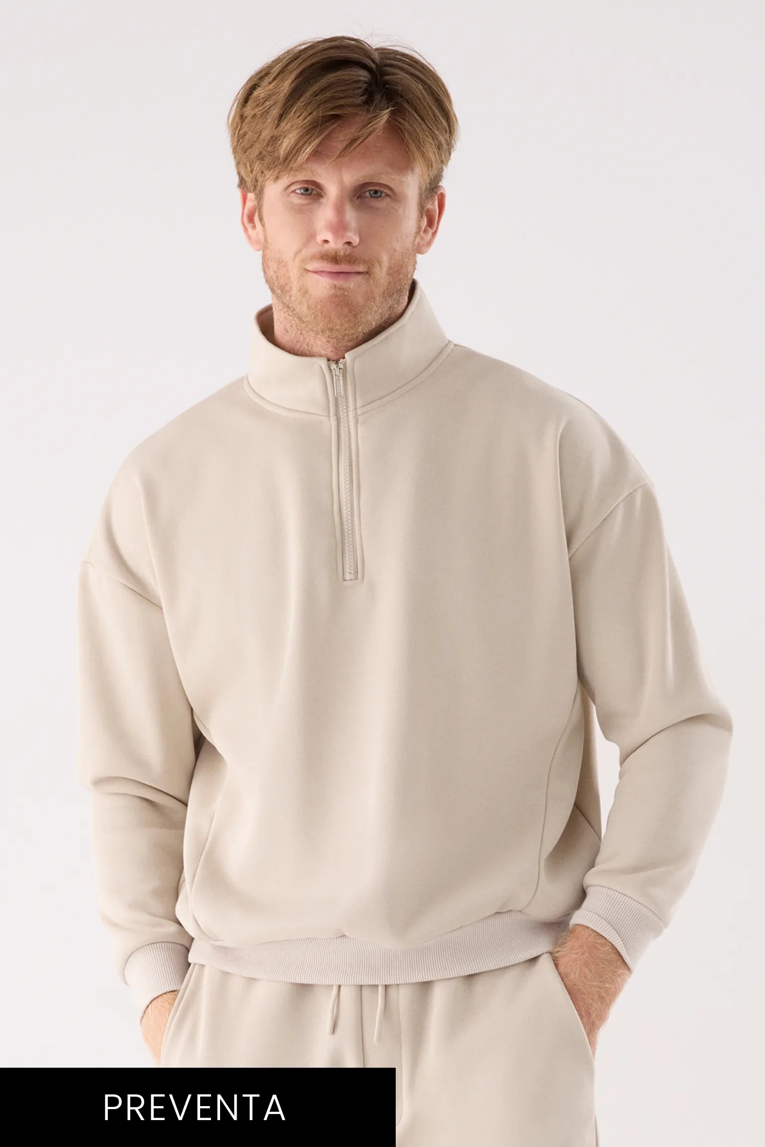 PREVENTA Sudadera sportiva uomo afelpada semi cremallera beige