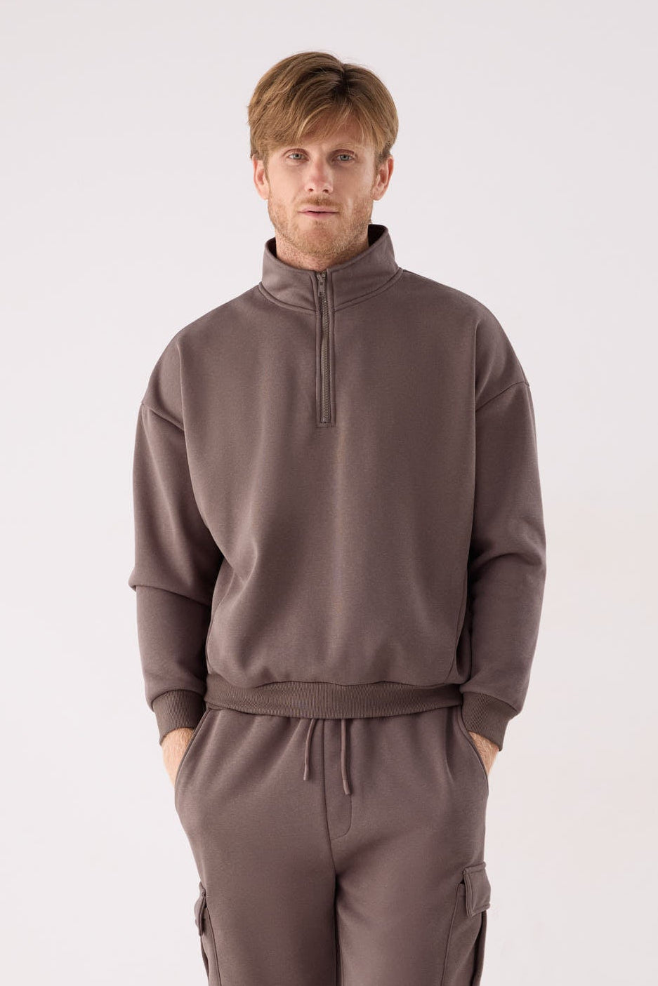 PREVENTA Sudadera sportiva uomo afelpada semi cremallera marrón