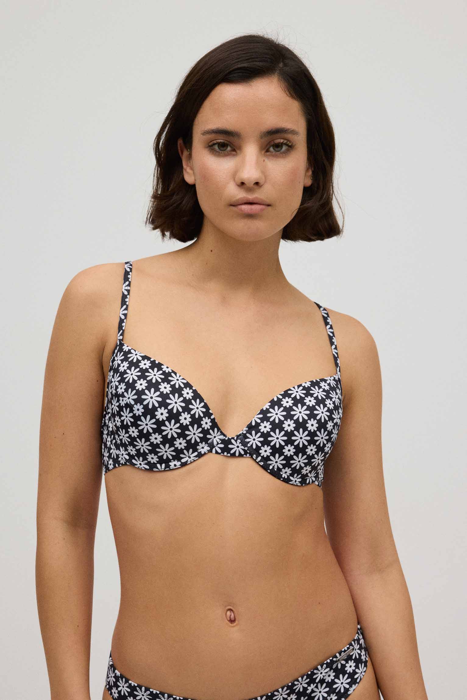 Top bikini classico a cerchio floreale bianco e nero