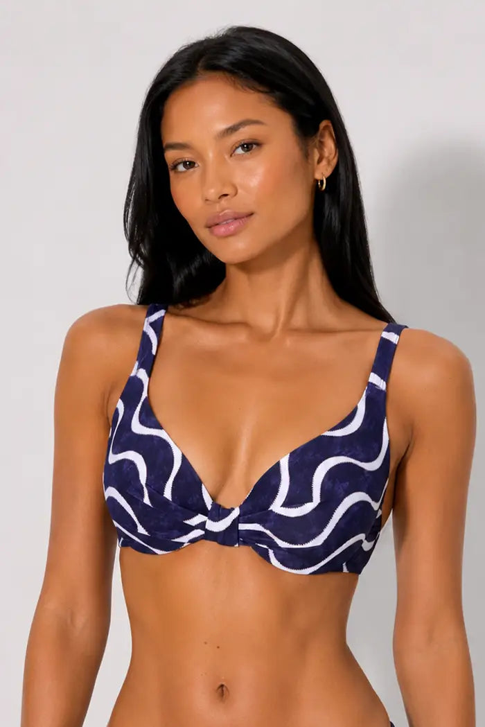 Reggiseno bikini con stampa onde blu navy, coppa B