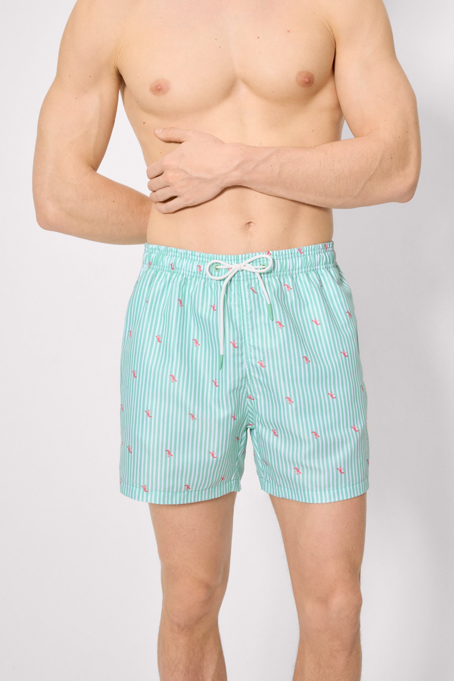 Costume da bagno verde a mezza lunghezza con stampa a righe e mini aragoste