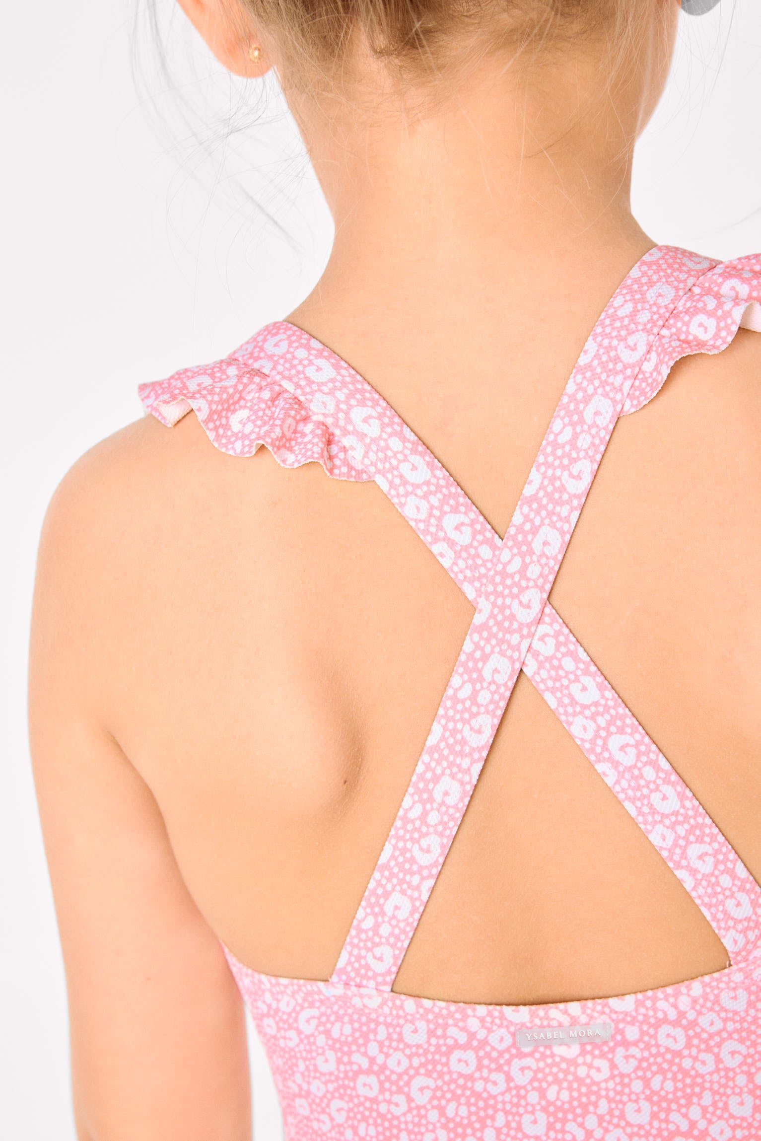 Costume da bagno da bambina con volant e spalline incrociate, stampa leopardata rosa