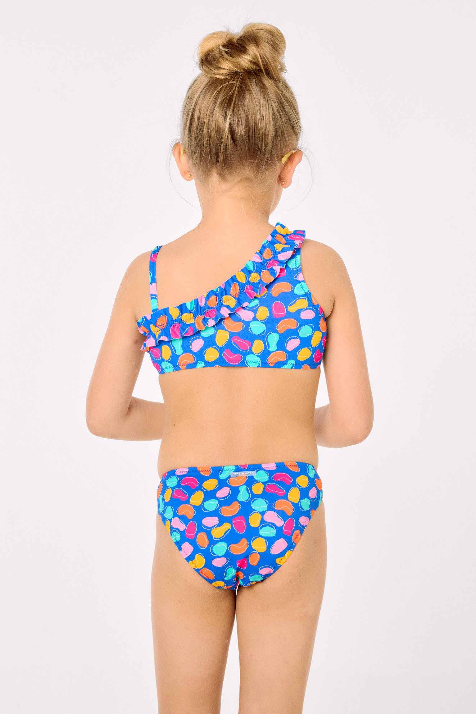 Bikini da bambina con dettagli arricciati e stampa di forme organiche multicolori