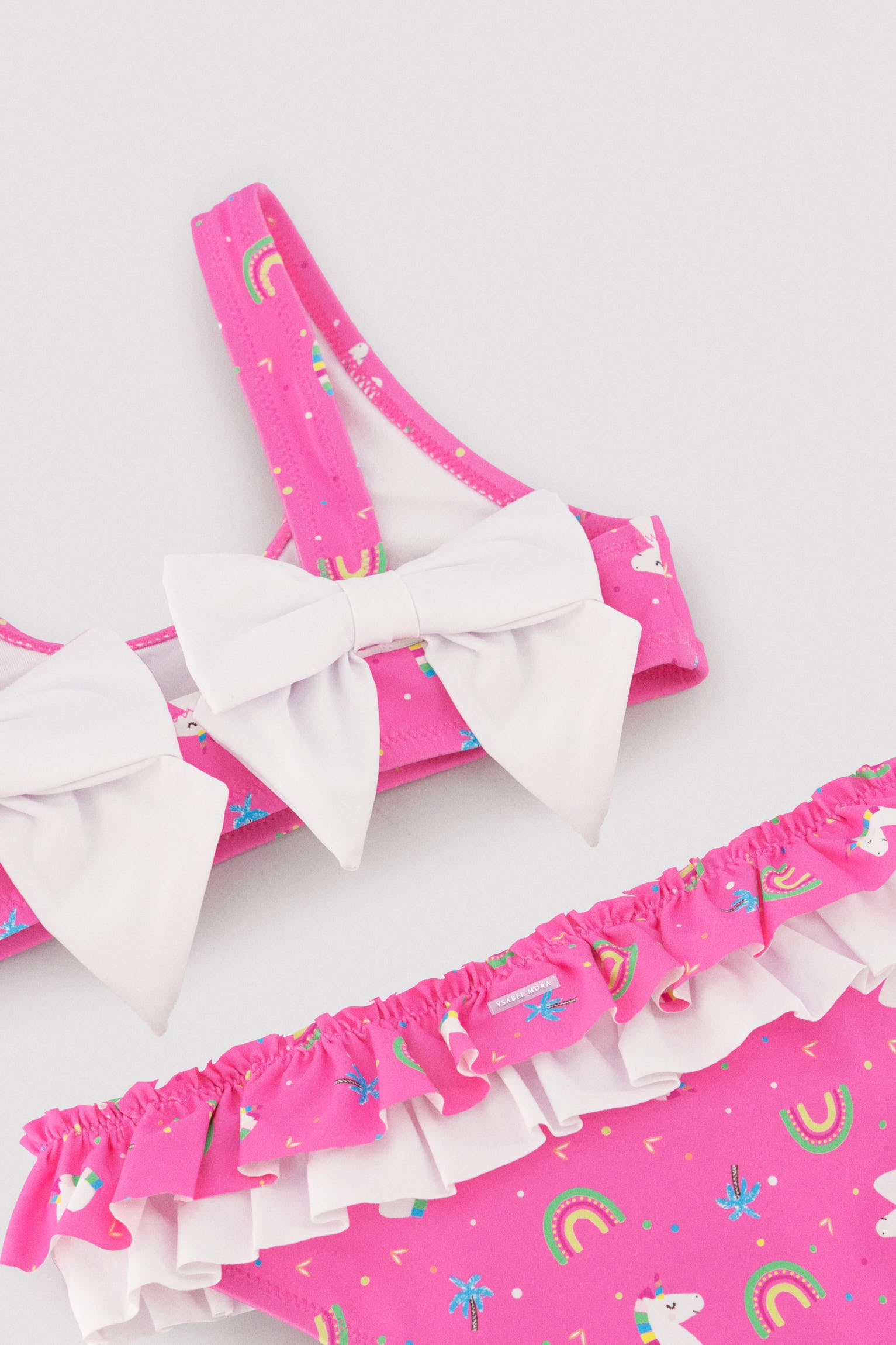 Bikini da bambina con volant e fiocco, stampa unicorno