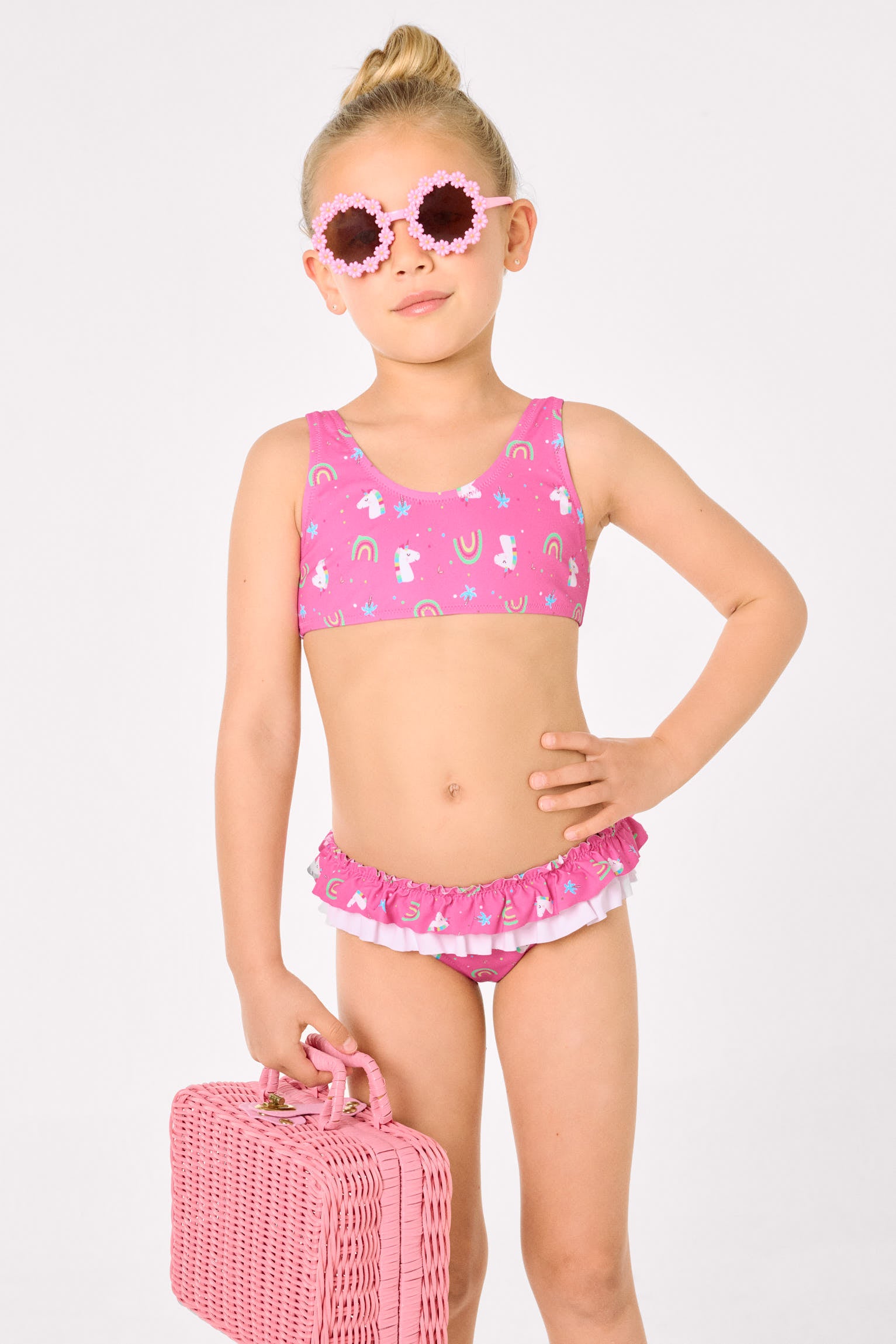 Bikini da bambina con volant e fiocco, stampa unicorno