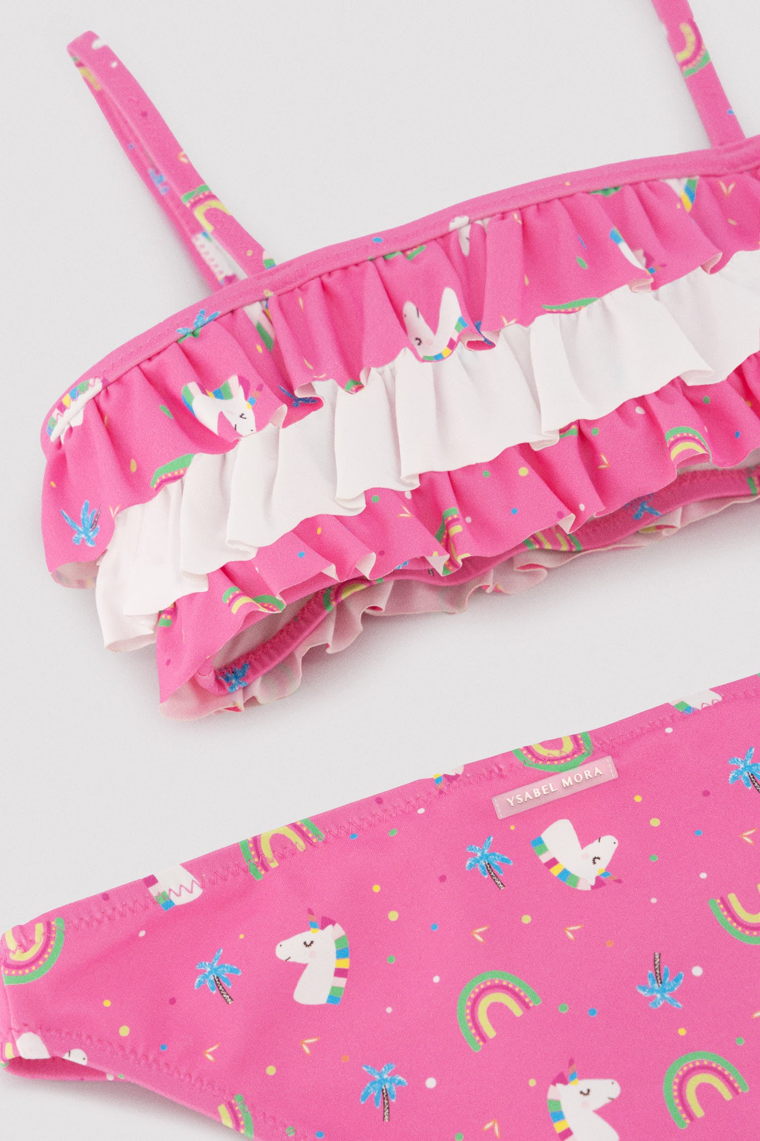 Bikini da bambina con volant stampato con unicorno
