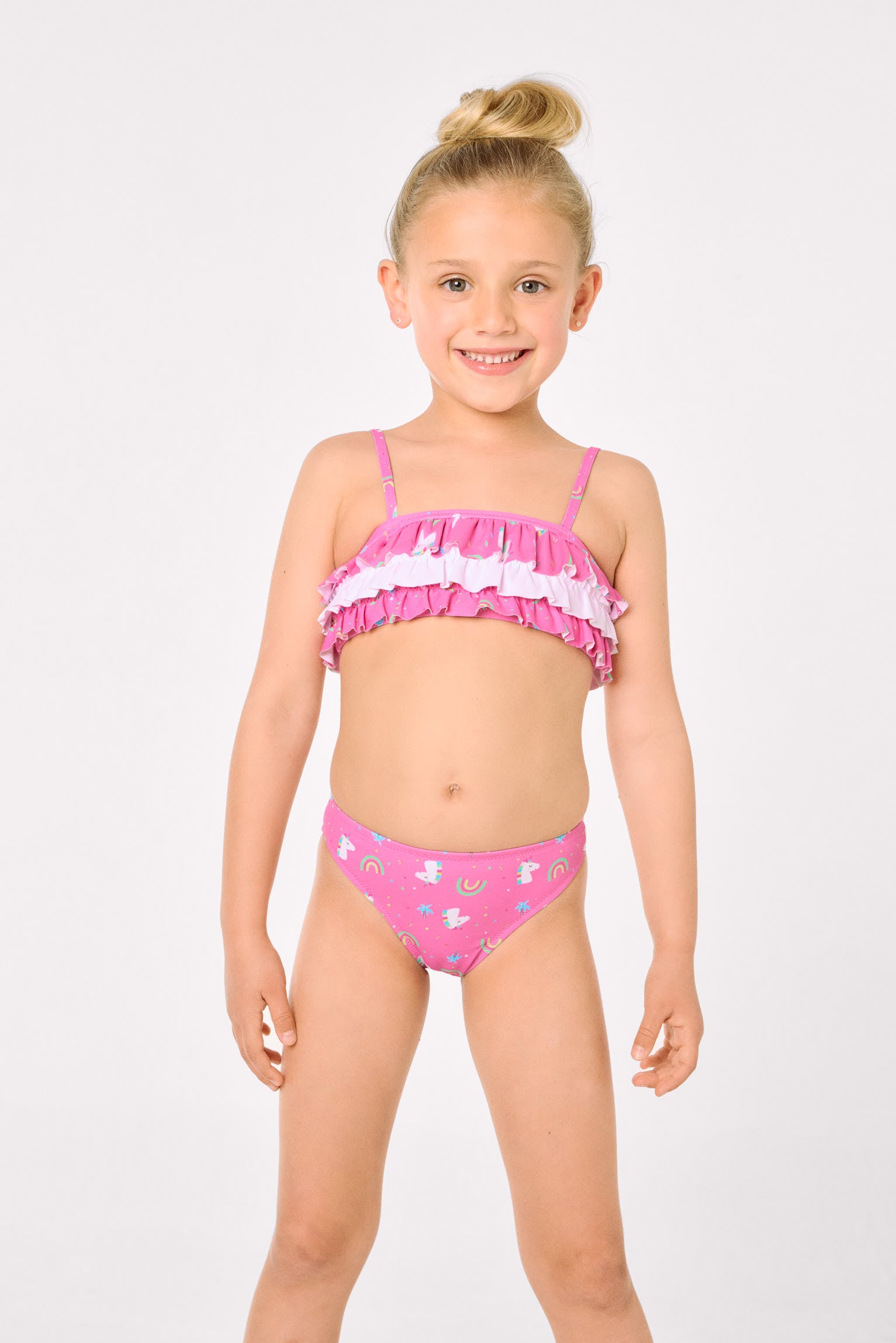 Bikini da bambina con volant stampato con unicorno