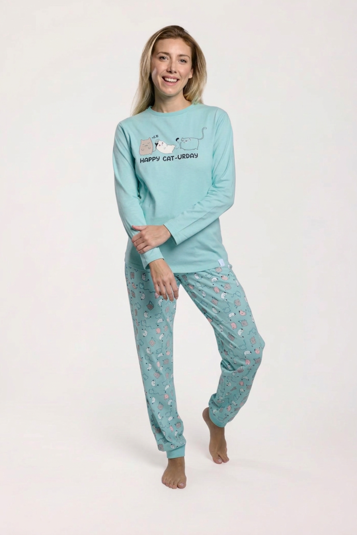 Pigiama lungo cotone donna stampa gatos blu