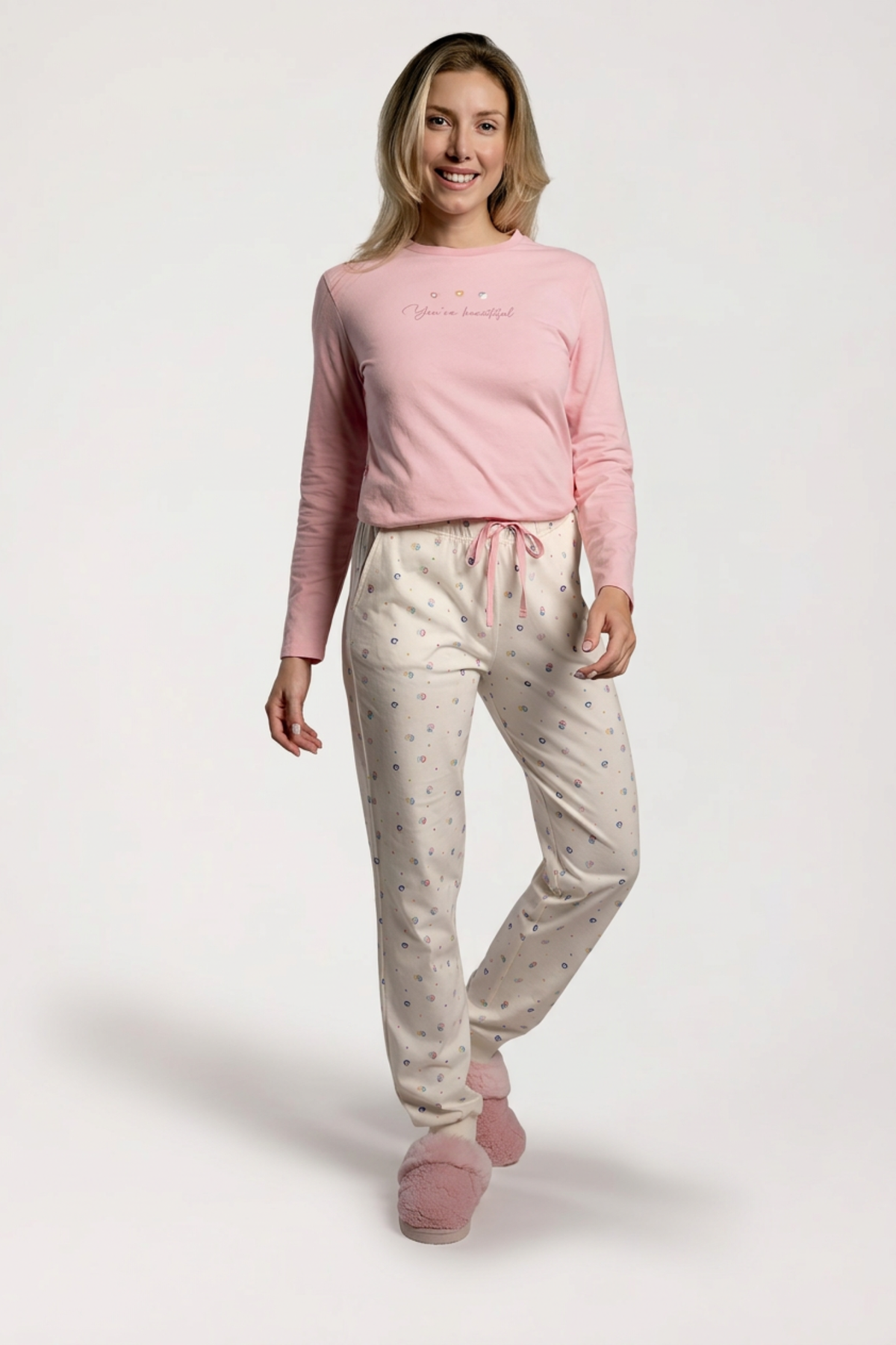 Pijama largo algodón donna rosa y blanco