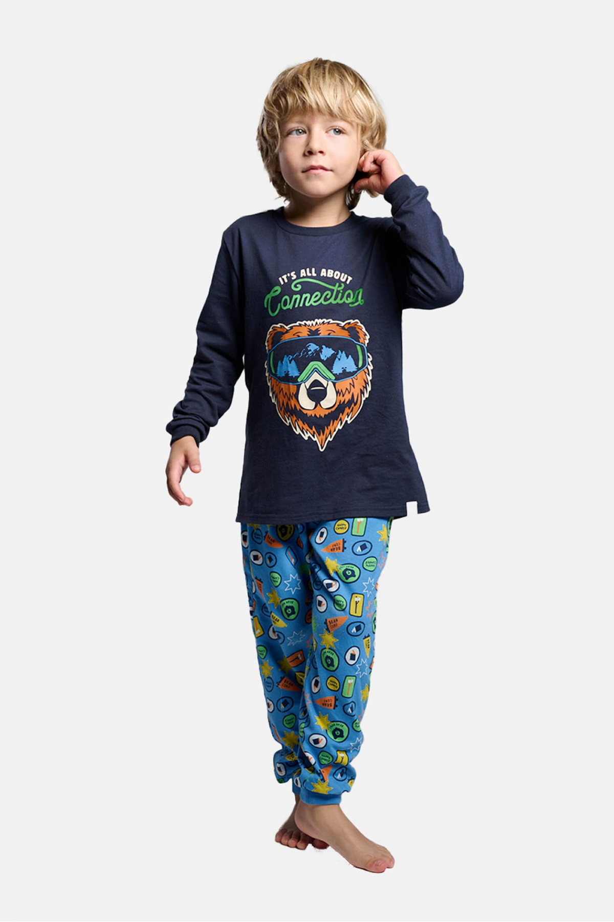 Pigiama lungo bambino cotone It's all about connection stampa oso