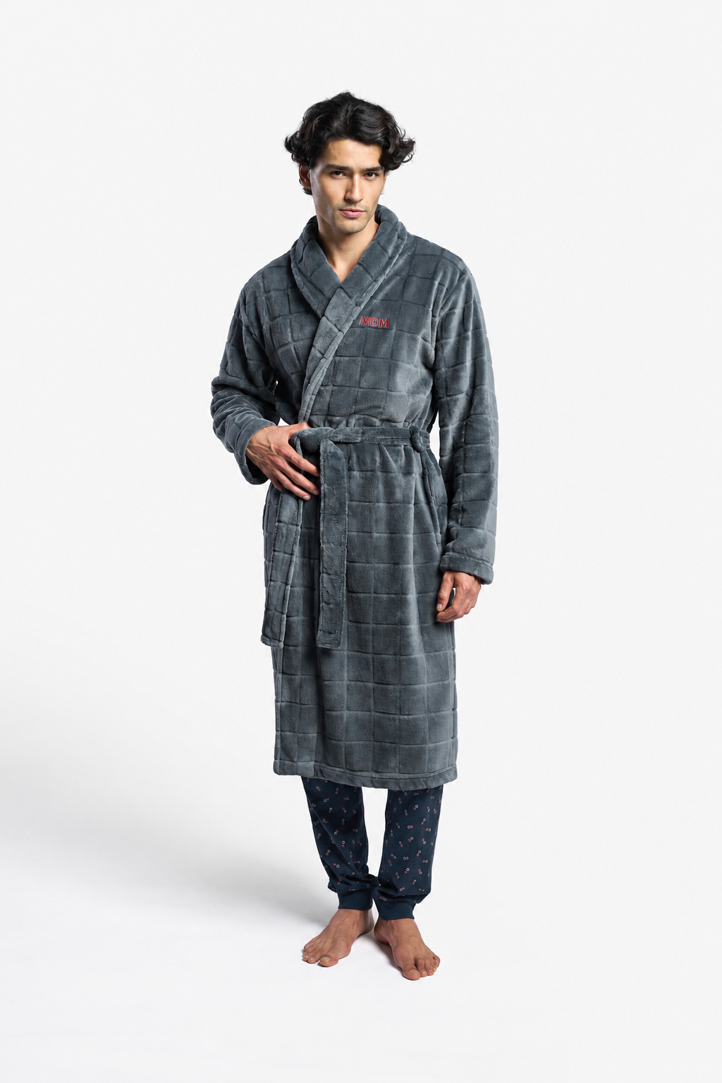 Bata larga polar coralina uomo relieve cuadros gris