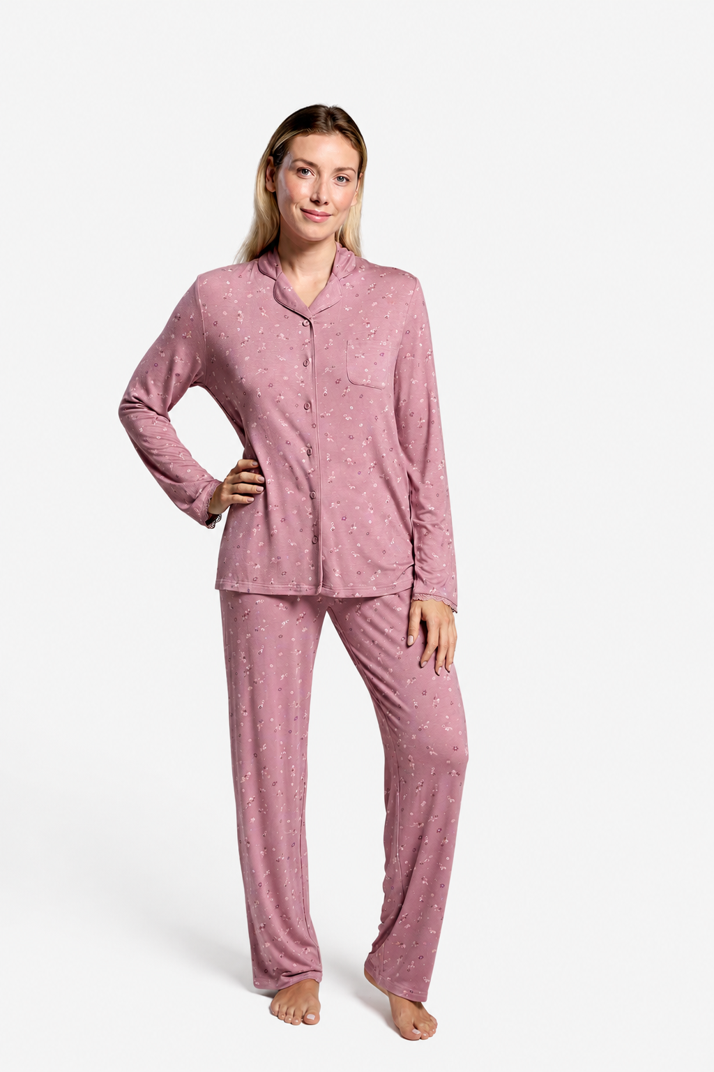 Pijama largo ligero donna camisero pequeñas flores rosa