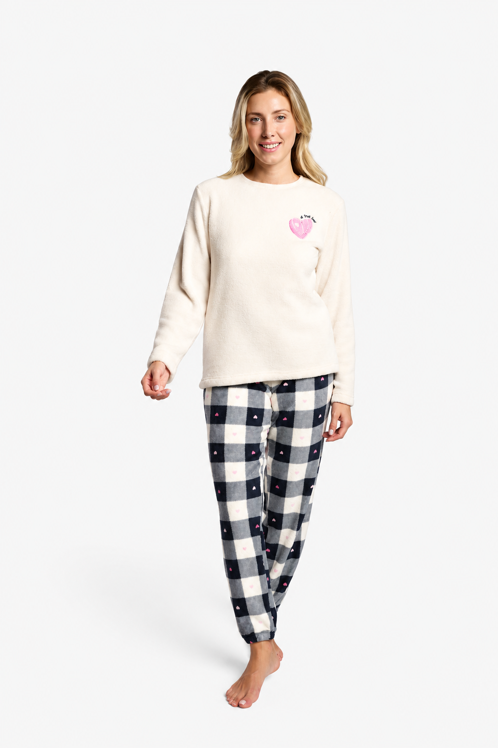 Pijama largo polar coralina donna cuadros blanco y negro