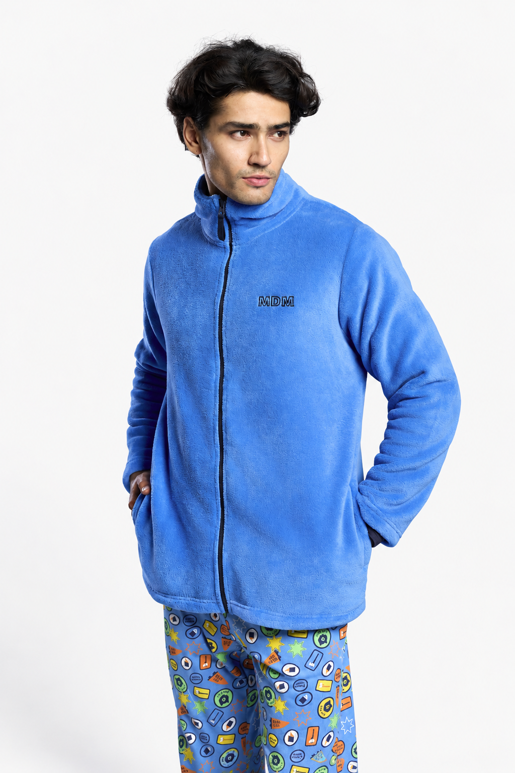 Bata corta polar coralina uomo detalle bordado azul