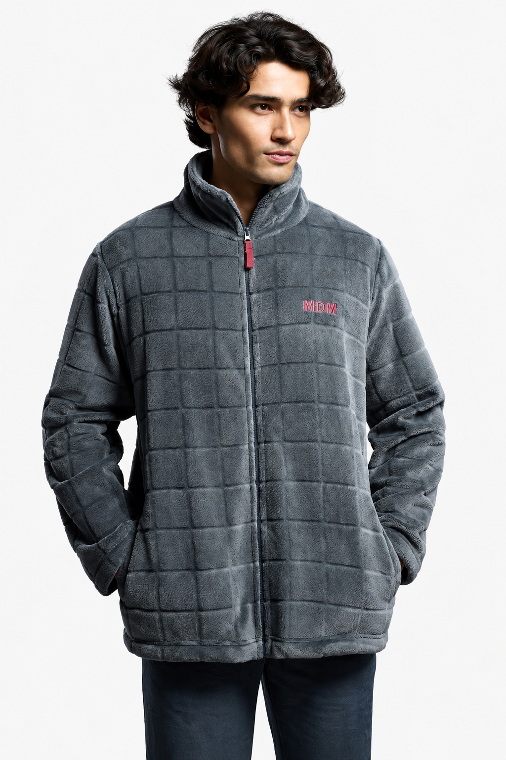 Bata corta polar coralina uomo relieve cuadros gris