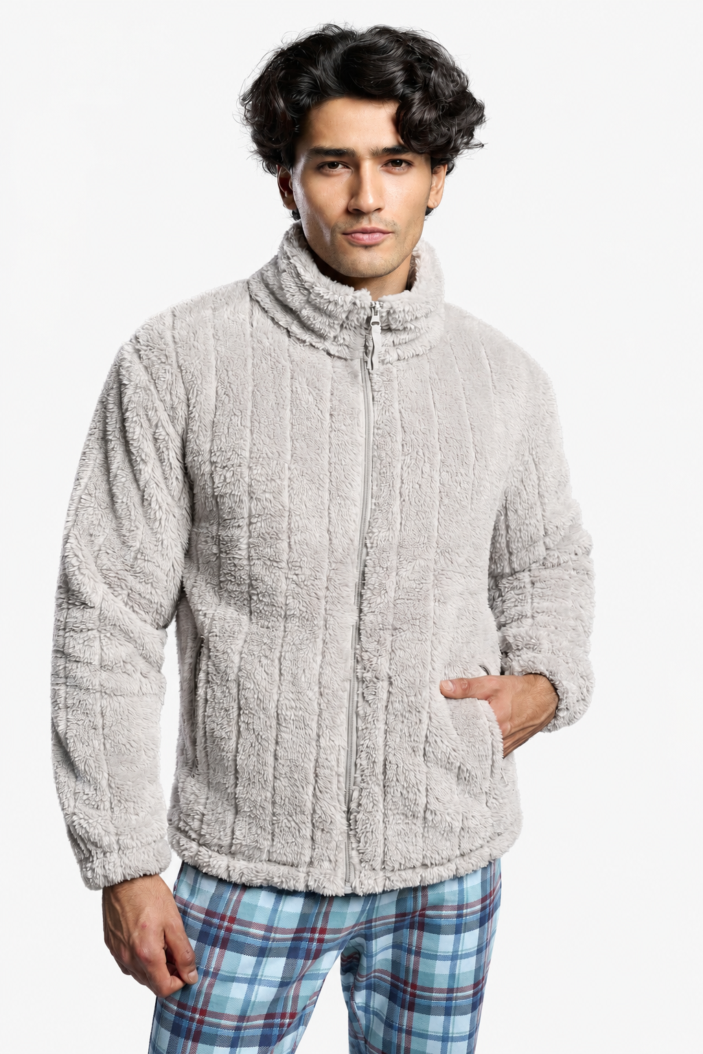Bata corta polar borreguito uomo jacquard gris