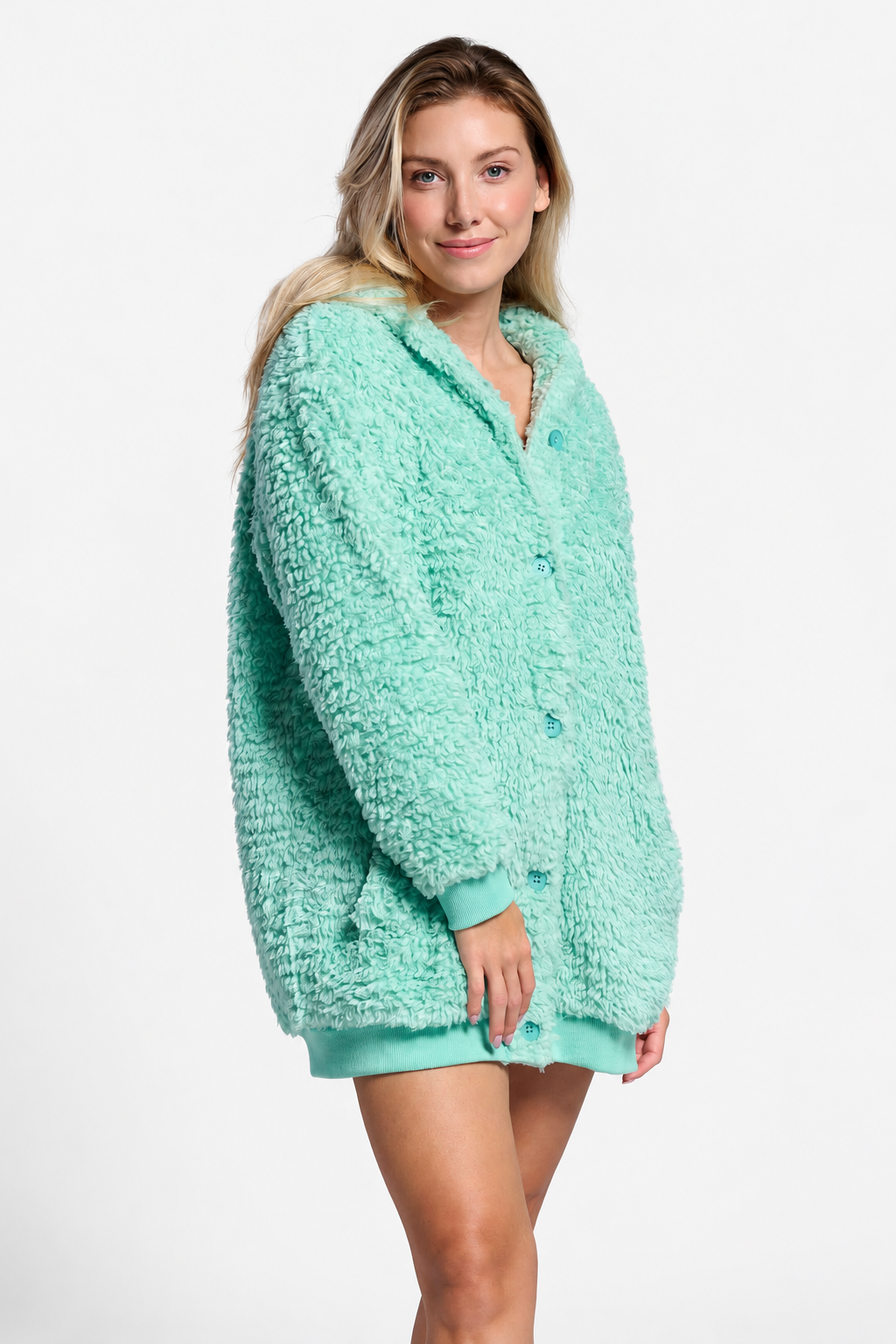 Bata corta polar borreguito donna verde con botones