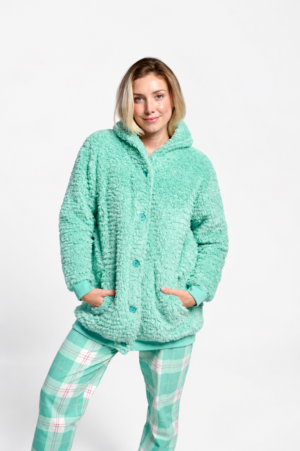 Bata corta polar borreguito donna verde con botones