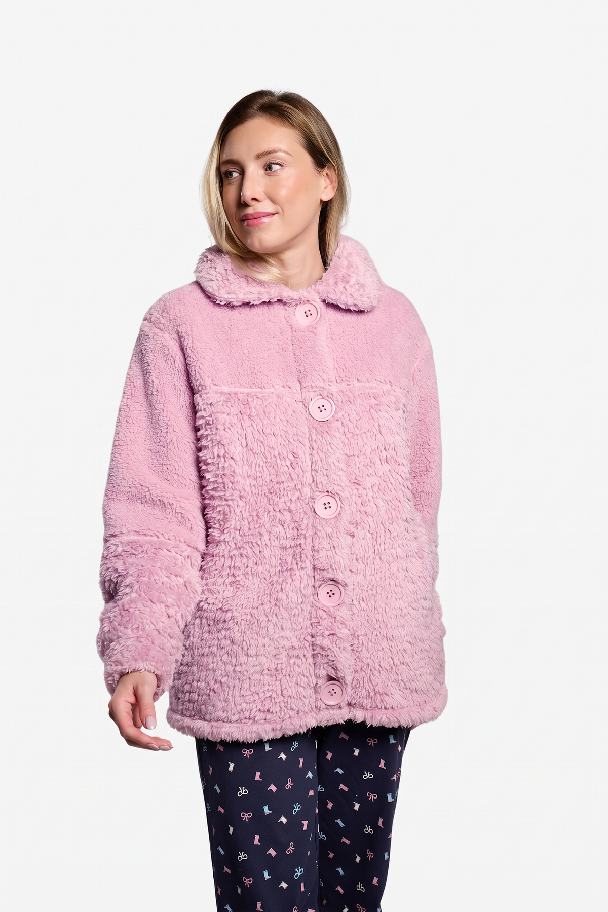 Bata corta polar borreguito donna rosa con botones