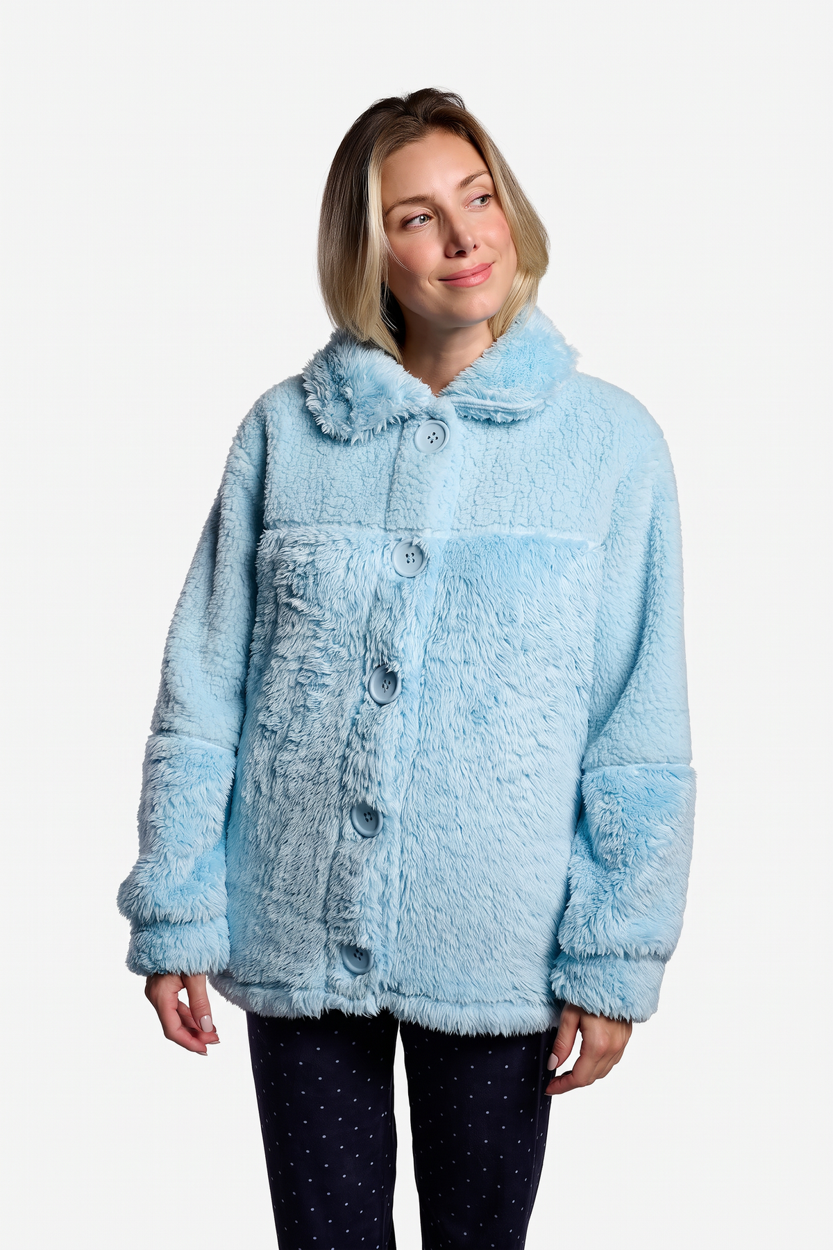 Bata corta polar borreguito donna azul con botones