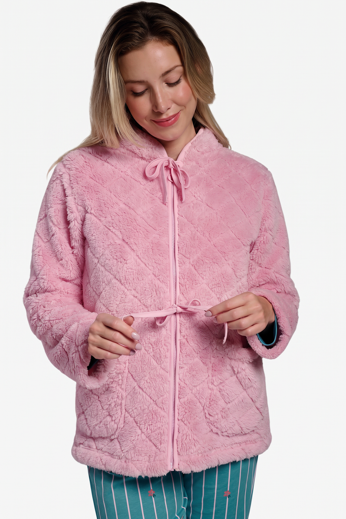 Bata corta polar borreguito donna rosa detalles lazos
