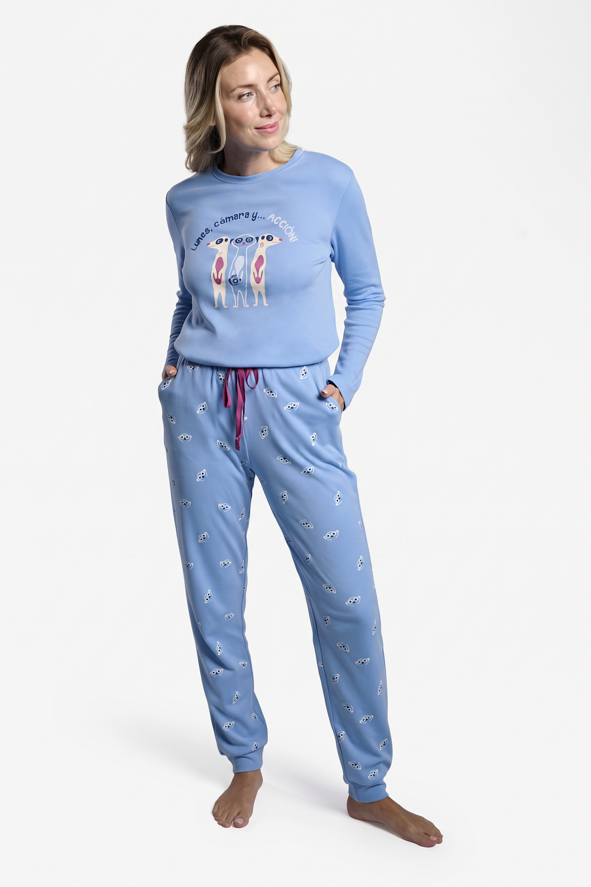 Pijama largo afelpado donna suricatos azul