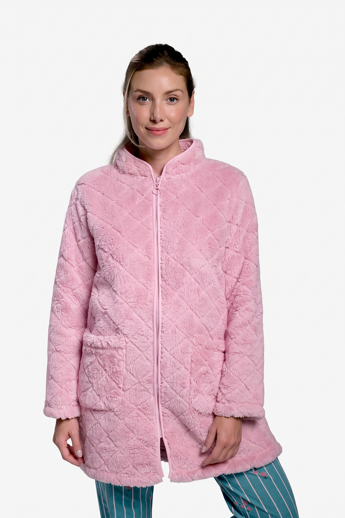 Bata corta polar borreguito donna rosa con cremallera