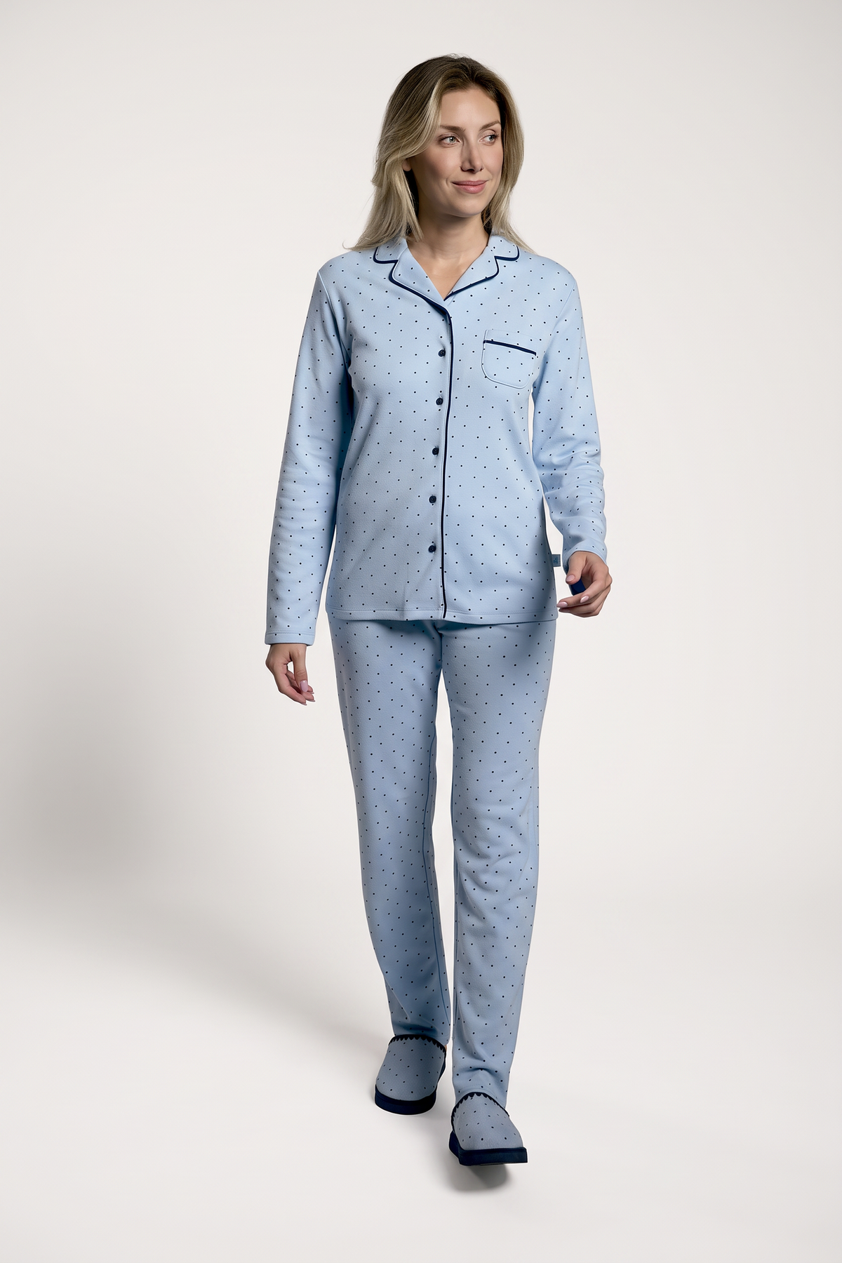 Pigiama lungo afelpado donna camisero stampa pois blu
