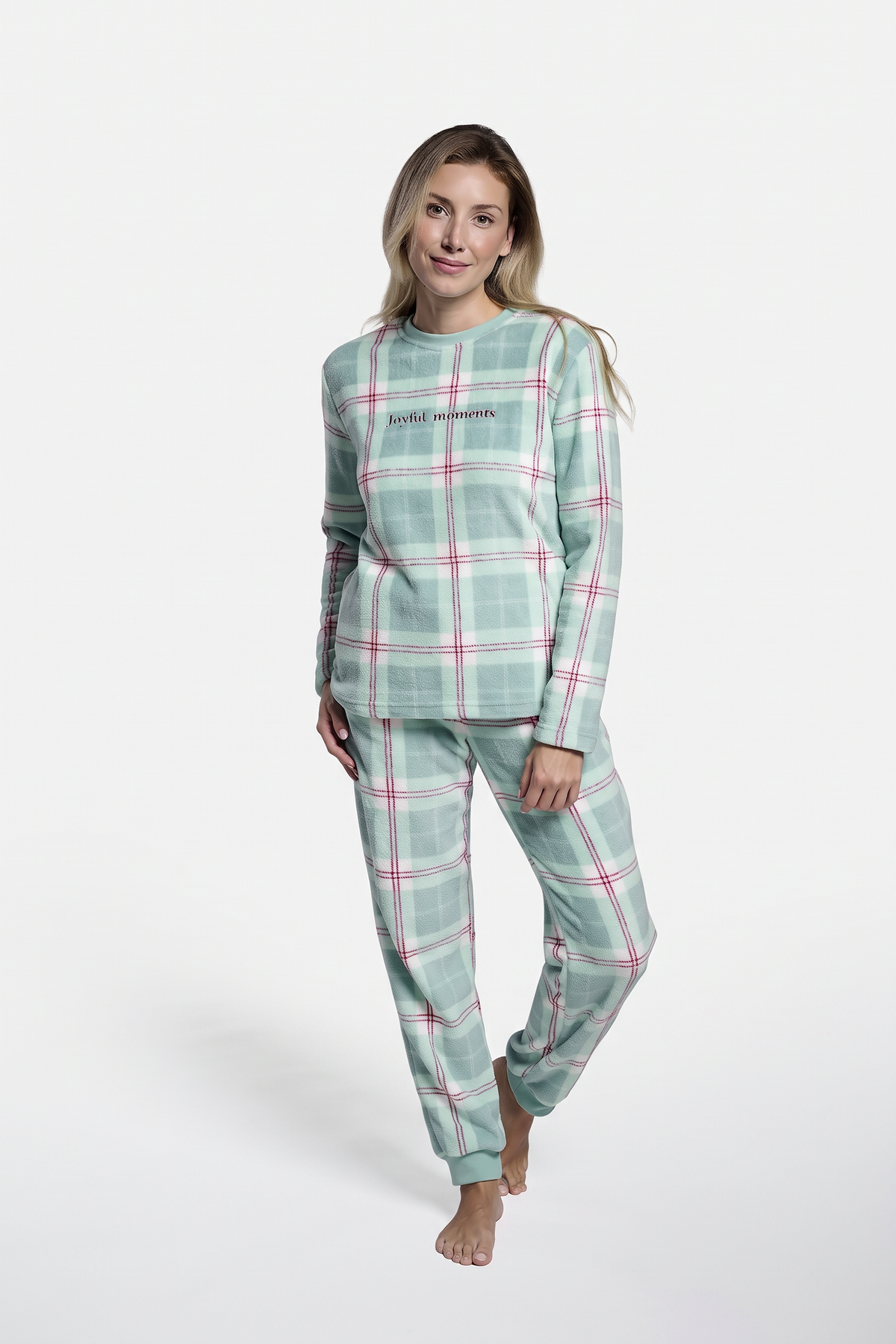 Pijama largo polar coralina donna cuadros verde agua marina