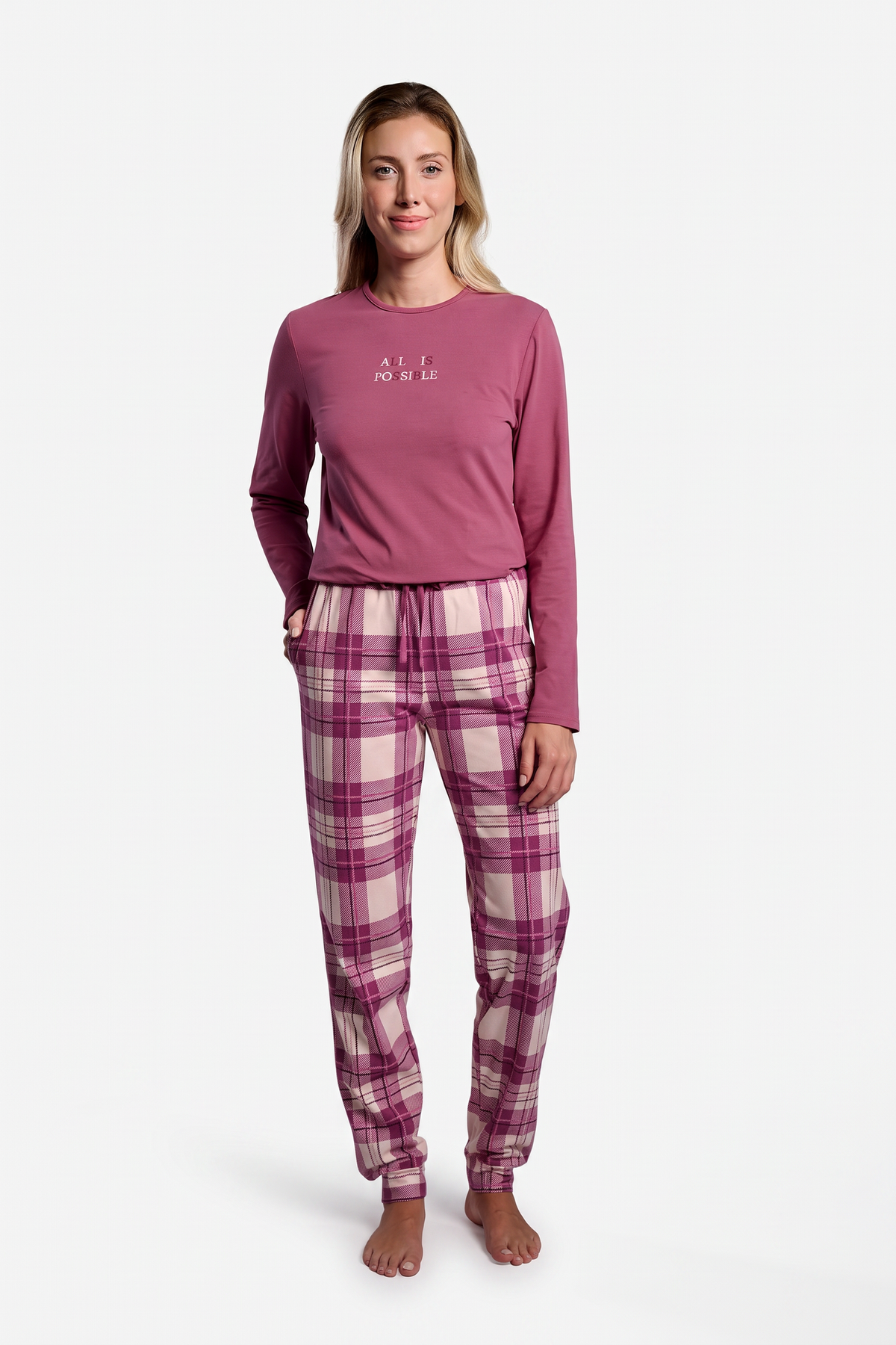 Pigiama lungo donna maglia cotone y pantaloni franela a cuadros