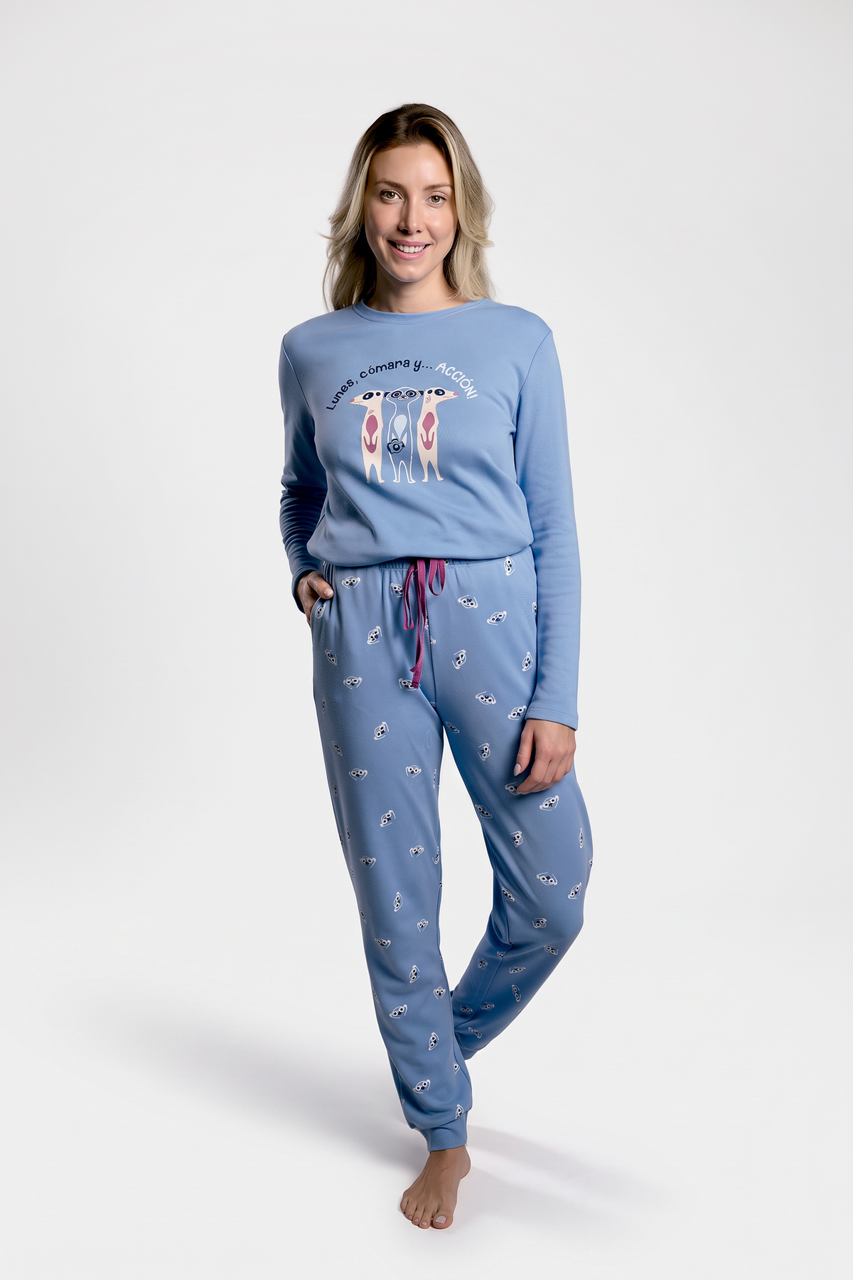 Pijama largo afelpado donna suricatos azul